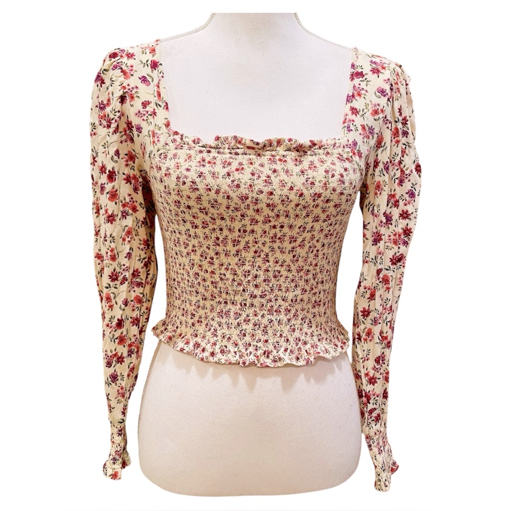 American Eagle Cream Floral Long Sleeve Cropped Blouse XS X-Small